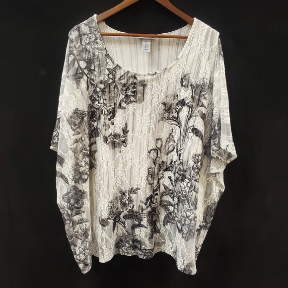 Catherines Tops - Catherines Womens Short Sleeve Lace Overlay Floral Top Size 2X White Artsy Event